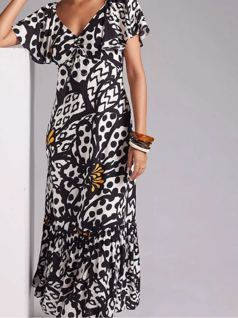 FARM for Anthropologie Black & White Floral Print Maxi Dress with Yellow Accents